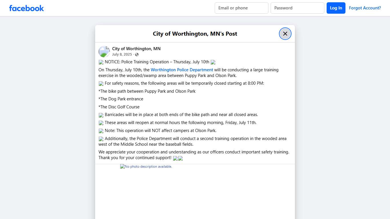 🚨 NOTICE: Police Training... - City of Worthington, MN Facebook
